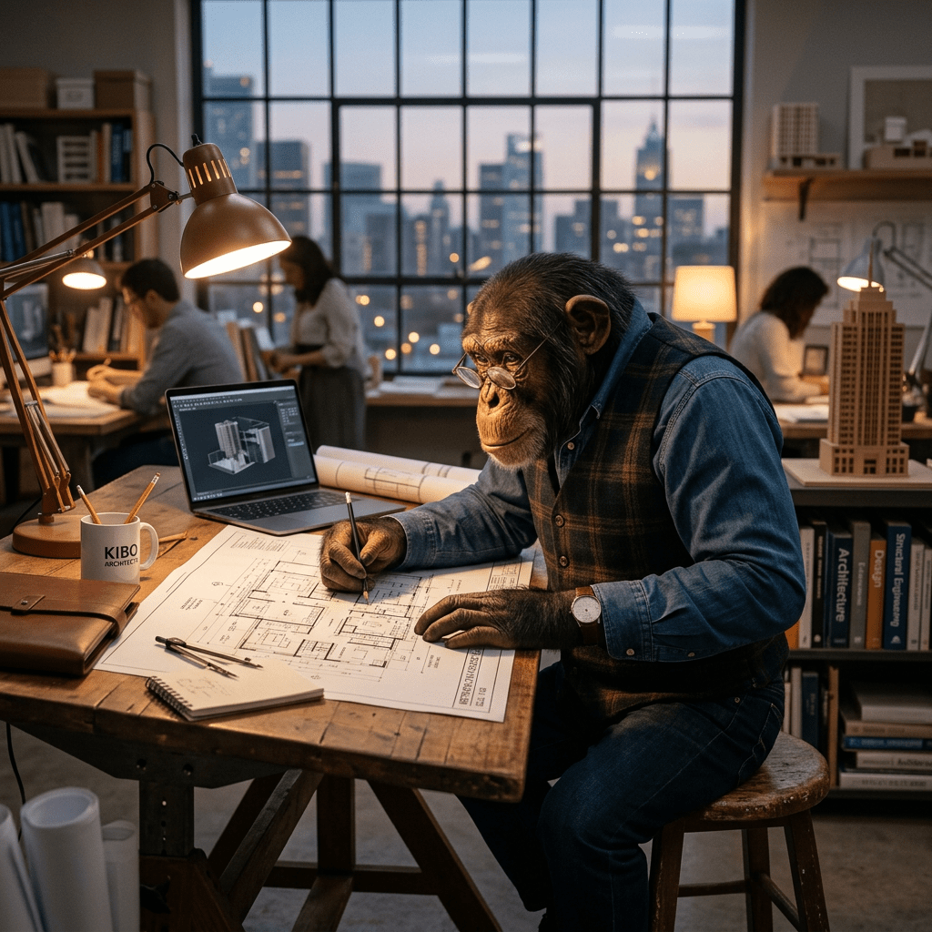 Chimpanzee with glasses drawing architectural blueprints at a desk