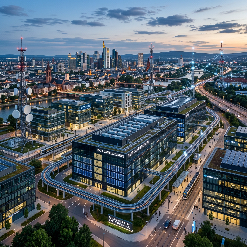 A European data hub campus with interconnected buildings and digital network visualization