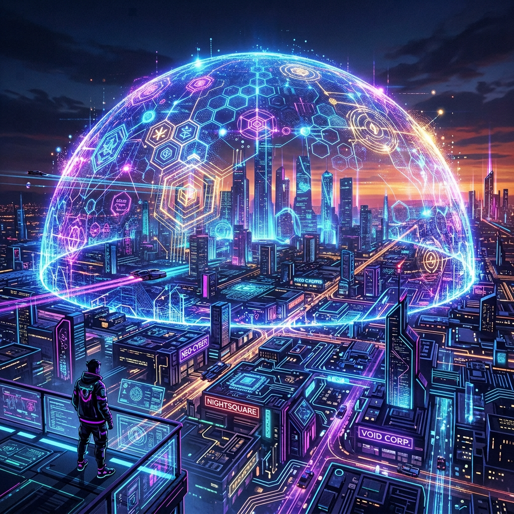 Futuristic cityscape with holographic shield dome and rooftop observer