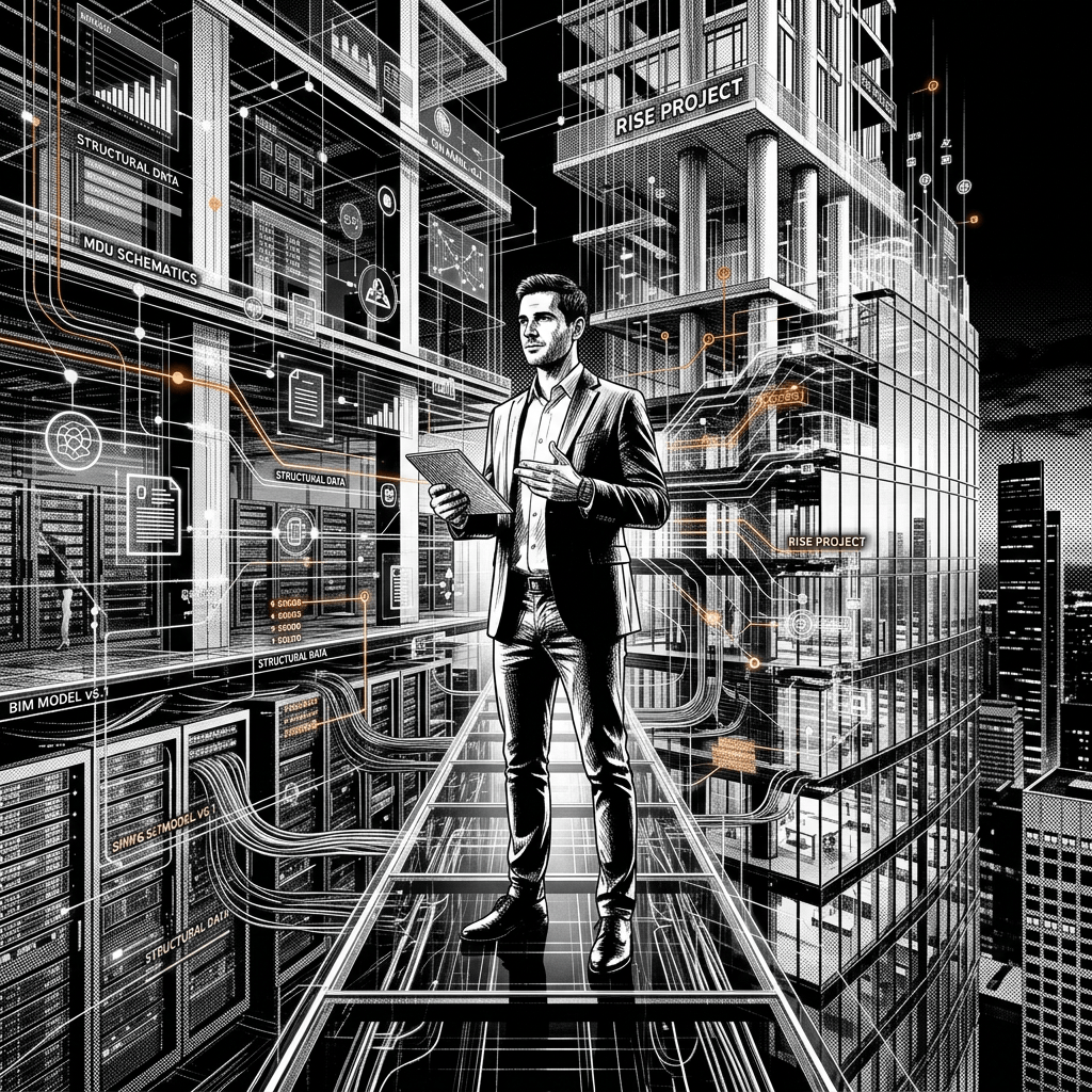 Man holding tablet amid holographic BIM data and building schematics