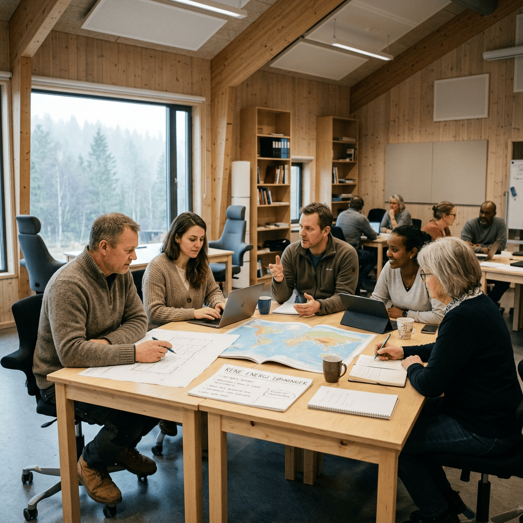 Five people discussing renewable energy plans around a table