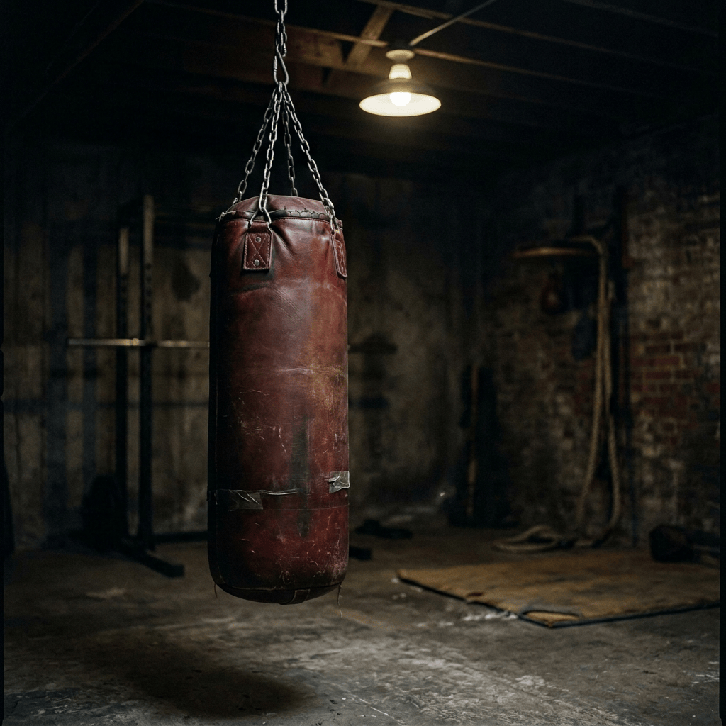 Worn leather punching bag with a sad face in a dim boxing gym